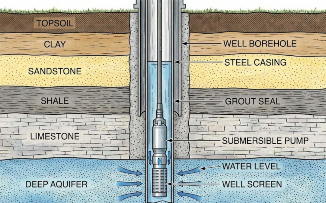 Detailed diagram of a water well system, illustrating geological layers (topsoil, clay, sandstone, shale, limestone), deep aquifer, steel casing, and submersible pump.